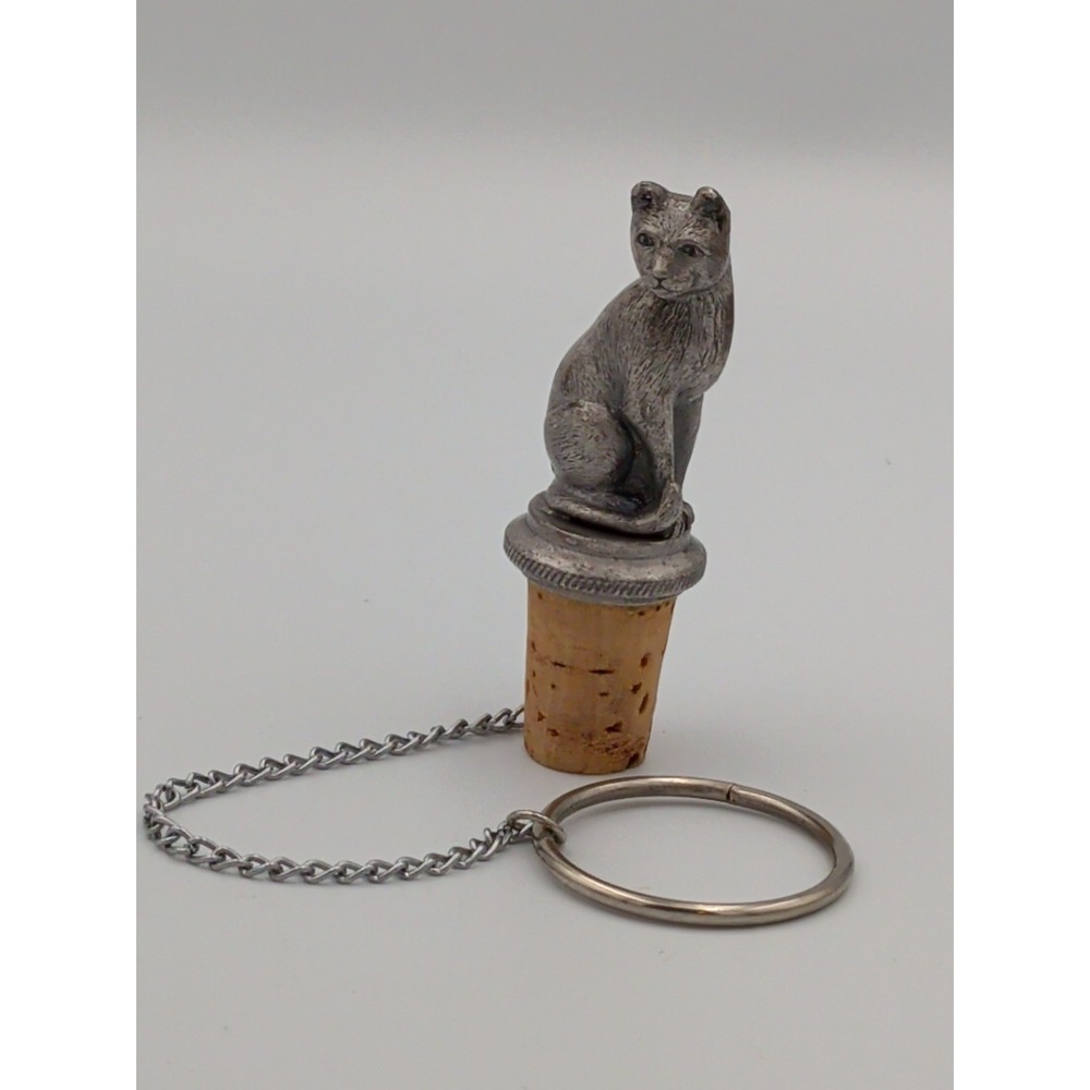 Vintage WTU Heavy Pewter Cat Wine Bottle Stopper with Ring & Chain